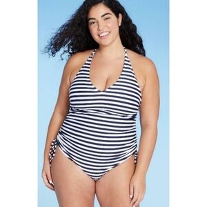 Kona Sol Side Cinch High Coverage One piece swimsuit Navy/ White Stripe Size XL